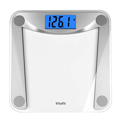 báscula de baño digital de peso corporal vitafit con tecnología step-on, pantalla retroiluminada azul extra grande y baterías incluidas, 400 libras, vidrio transparente