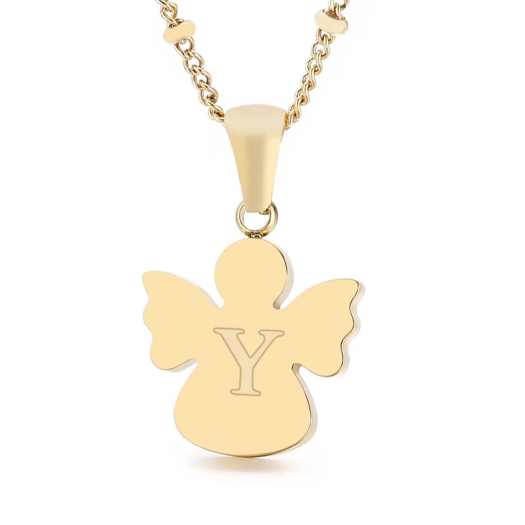 Qings Initial Y Pendant Necklace, 26-Letter Golden Angel Necklace, Chain Length 50 cm