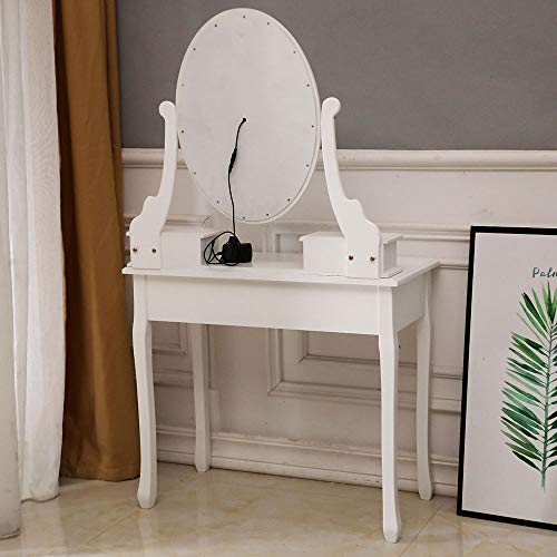Vanity Table Set,White Makeup Dressing Table with Oval Lighted Mirror,Cushioned Stool,3 Drawers,2 Storage Cases，Wooden Makeup Furniture for Women Girls Bedroom - Thumbnail 5