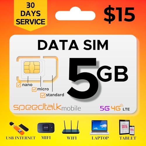 SpeedTalk Mobile Hotspot Internet 5GB Data SIM Card for 5G 4G LTE – WiFi - MiFi Modem Router USB Sticks Laptops Tablet | 30 Days 3 in 1 Simcard - Standard Micro Nano (5GB)