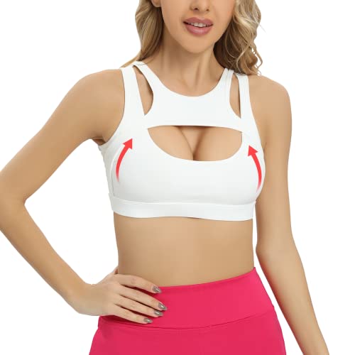 PUSH UP SPORTS BRA FOR WOMEN PADDED SEXY HOLLOW YOGA BRA CUT OUT WORKOUT CROP TOP MEDIUM SUPPORT(WHITE, XXL)