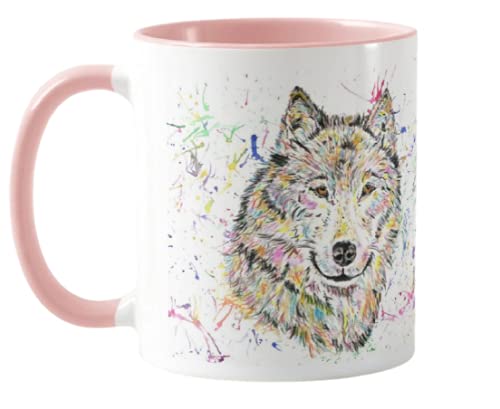 Vixar Wolf Watercolour Rainbow Art Coloured Mug Cup, Gift, Birthday, Work, Office, Christmas Tea Coffee (Pink)