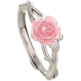 Dainty Rose Flower Leaf Branch Statement Ring for Women Silver Plated Elegant Floral Thorny leaves Adjustable Expandable Open Wrap Finger Rings Comfort Fit Birthday Wedding Holiday Jewelry