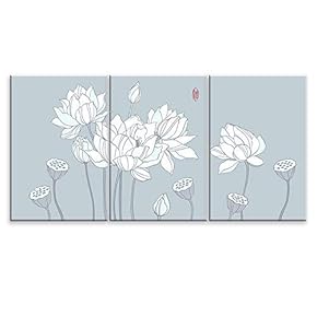 3 Panel Canvas Wall Art - Drawing of White Lotus Flowers - Giclee Print Gallery Wrap Modern Home Art Ready to Hang - 16"x24" x 3 Panels