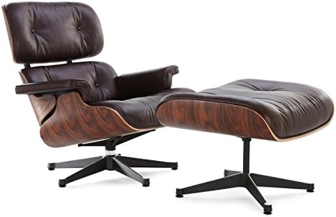 OCC Genuine Italian leather Lounge Chair with Ottoman - Dark brown leather in Rosewood finish