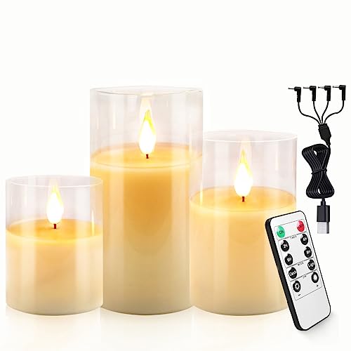 3 pcs Veladoras Recargables, Velas Led de Vidrio y Cera Real, Control | Veladora Eléctrica Sin Llama Grande con Control Remoto. Ideal para San Valentín, Navidad, Halloween, Cumpleaños y Decoración