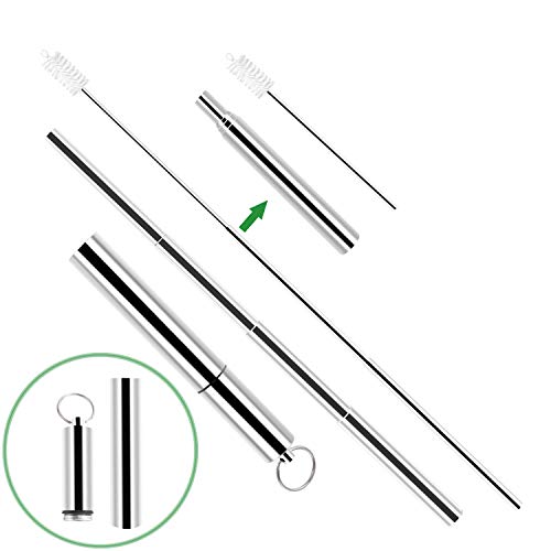 Portable Reusable Drinking Straws - Telescopic Stainless Steel Metal Straw with Detachable Aluminum Case & Cleaning Brush