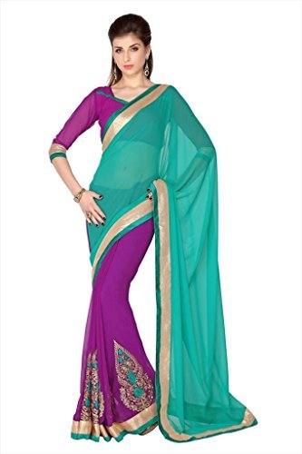 Designersareez Women's Faux Georgette Saree Free Size Turquoise & Violet