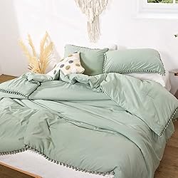 Smoofy Pom Fringe Comforter Set Queen Size Sage