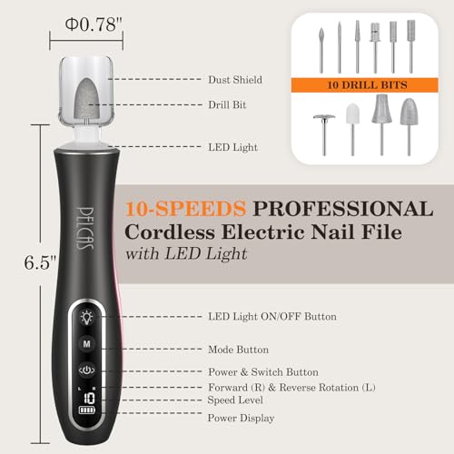 PELCAS Electric Nail File 10 Speeds Professional Cordless Electric Nail Drill with LCD Screen and LED Light, Portable Rechargeable Nail Files for Acrylic and Gel Nails, Pet, Thick Toenails