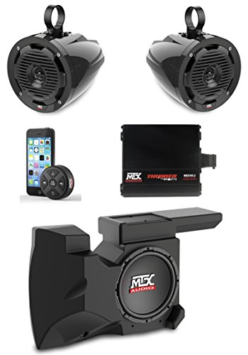 MTX Polaris RZR Remote Control Bluetooth Enabled Receiver All Weather Kit w Custom Amplified Subwoofer Enclosure, Roll Bar Speakers & Amplifier