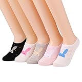 5 Pairs Women's No Show Socks Cotton Non Skid Low Cut Socks (Cute Rabbit)