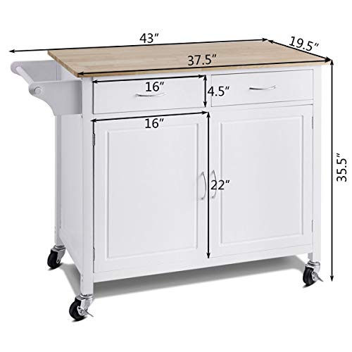 WATERJOY Rolling Kitchen Buffet Cart, Wood Utility Kitchen Storage Island Cart with Wood Top, Antique White(43" x 19.5" x 35.5")