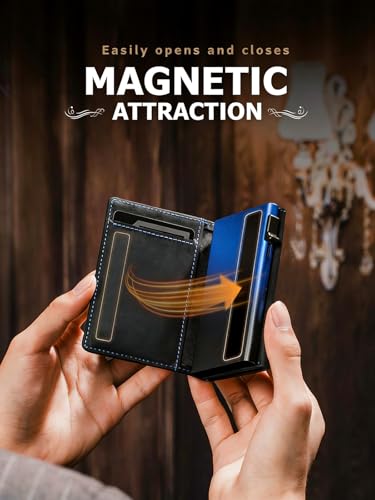 Men's RFID Blocking Anti-Theft Pop Up Wallet, Genuine Leather Slim Bifold Card Holder, Magnetic Closure, YKK Coin Pocket, ID Window, Holds 8-10 Cards or Bills, 5+ Coins, Travel Premium Gift for Men