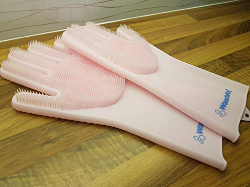 WashMe! Magic Silicone Gloves with Wash Scrubber, 1 Pair of Cleaning Gloves for Dishwashing, Pet Bathing, Bathroom & Car Cleaning, Reusable & Heat Resistant Dishwashing Gloves (13.8 inches, XL)