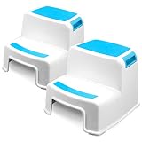 Two Step Kids Step Stools - 2 Pack, Blue - Child, Toddler Safety Steps for Bathroom, Kitchen and Toilet Potty Training - Non Slip Feet, Textured Friction Grip, Carrying Handle, Stackable