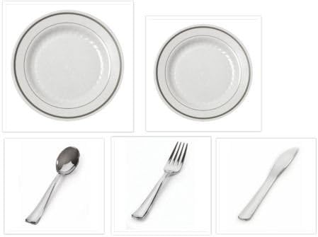 500 Pieces Plastic China Plate Silverware Combo for 100 people WHITE with SILVER Reflection Masterpiece Like