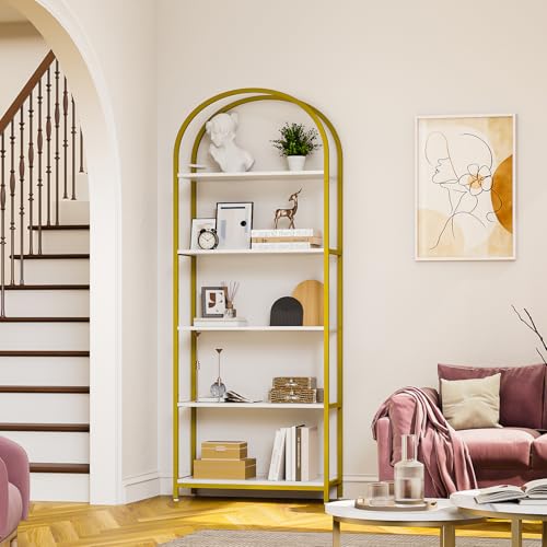Simple Wisdom Librería, estantería Moderna con Arco Abierto, librero Minimalista de 5 Niveles de 180 cm, estantería Simple Adecuada para Dormitorio, Sala de Estar, Oficina (Blanco Dorado)