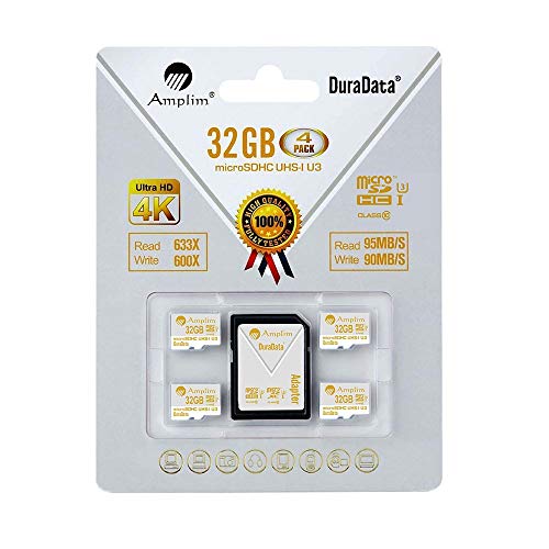 Amplim 4X 32GB Micro SD SDHC U3 Memory Card Plus Adapter Pack (Class 10 U3 UHS-I MicroSD HC Extreme Pro) 32 GB Ultra High Speed 95/90MB/s R/W UHS-1 TF MicroSDHC 4K Flash for Phones, Drones, Cameras