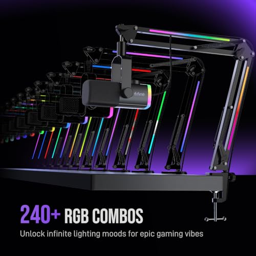 FIFINE Gaming Microphone Kit, XLR/USB Dynamic PC Microphone with Boom Arm for Podcast Recording, RGB Streaming Mic Set, Tap-to-Mute, Mix Control, Headphone Jack-AmpliGame AM8PROT