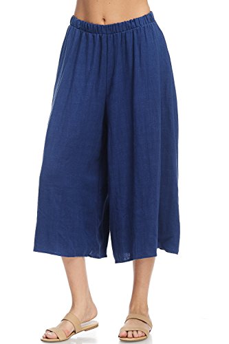 Ad womens casual linen elastic waist wide capri pant w pockets (n…