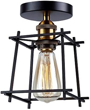 Herogen Vintage Mini size Flush Mount Ceiling Light with Geometric Cage Lampshade ,1 Head E27 Lamp Ceramics Holder