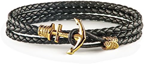 Jules Verne Anchor Bracelet. Men Black Leather Bracelet with Anchor. 1 Italian Nappa Leather and Anchor ion Platted with Gold, Silver and Bronze. 9 Sizes to Choose.