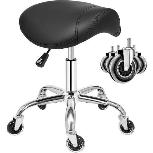 ANWBROAD WSS001B Saddle Stool with Wheels 360° Swivel Stool Silent Wheels Height Adjustable Roll Stool up to 205 kg Ergonomic Thick Leather Wide Seat for Beauty Salons, Salons, Spa and Clinics Black