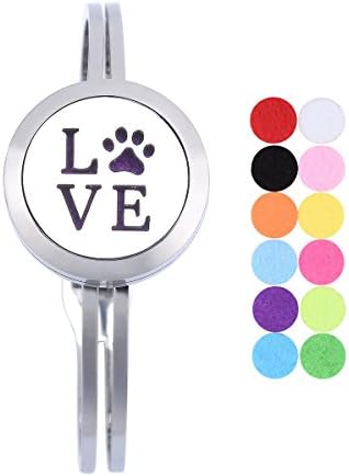 Diffuser Bangle Stainless Steel Pet Paw "LOVE" Aromatherapy Essential Oil Diffuser Locket Bangle Bracelet with 12 Color Pads for Girls Women Jewelry Gift 18cm