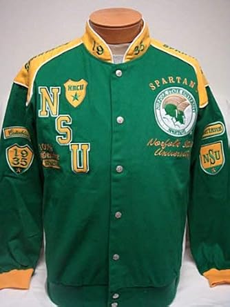 Amazon Com Large Norfolk State University Nsu Hornets Heavyweight Racing Style Snap Up Jacket Sports Fan Outerwear Jackets Clothing