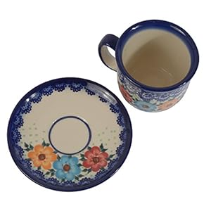 Traditional Polish Pottery, Handcrafted Ceramic Coffee Cup and Saucer 275ml, Boleslawiec Style Pattern, F.201.BLUELACE