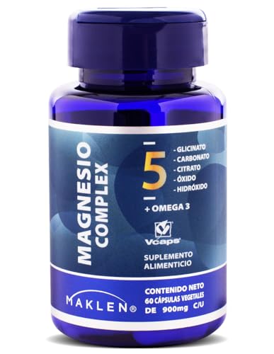 MAGNESIO 5 COMPLEX - Maklen Magnesio Complex - Glicinato, Citrato, Carbonato, Oxido e Hidroxido + Omega 3 - Capsulas Vegetales V-Caps® de 900 mg - Apoya Energia, Relajacion Muscular y Sueño