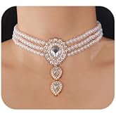 Jumwrit Dainty Layered Pearl Choker Necklace Boho Rhinestone Teardrop Butterfly Pendant Necklace Vintage Multi Strand Beaded 1920s Flapper Collar Chunky Chain Bridal Necklace for Women (Style1)