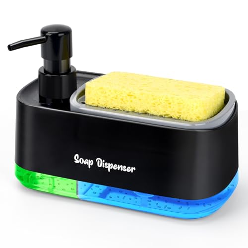 Bestseek Set dispenser di sapone per mani e piatti per cucina, doppio dispenser di sapone con supporto per spugna, dispenser 3 in 1 per sapone da appoggio per lavello da cucina, utili gadget da
