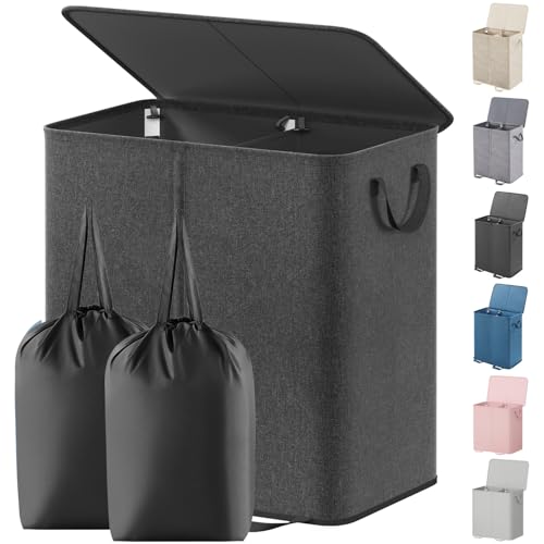 Lifewit 136L Double Laundry Basket with Lid and Removable Laundry Bags, Large Foldable Clothes Hamper Washing Bin with Handles for Bedroom, Bathroom, Livingroom, Black โ image 1