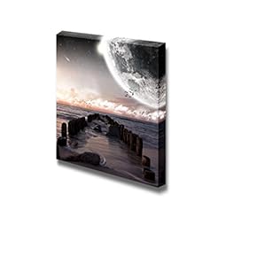 Majestic Planet Landscape View from a Beautiful Beach with Large Moon in The Night Sky - Canvas Art Wall Art - 12" x 12"