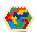 Zoostliss Hexagon Wooden Puzzles Brain Teasers Toy, 16 Pcs Colorful Hexagon Fun Geometry Logic Tangrams Puzzle Table IQ Game Educational Toys for Kids