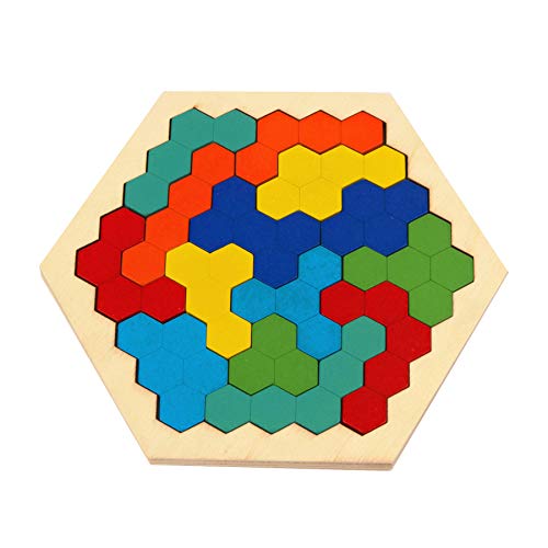 Zoostliss Hexagon Wooden Puzzles Brain Teasers Toy, 16 Pcs Colorful Hexagon Fun Geometry Logic Tangrams Puzzle Table IQ Game Educational Toys for Kids