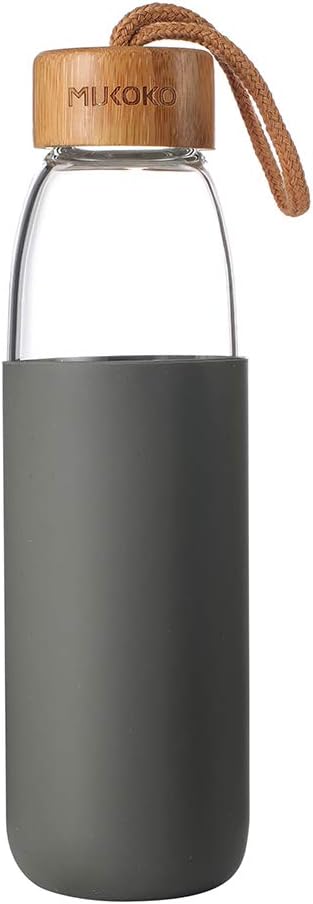 FancyK Borosilicate Glass Water Bottle with Protective Silicone Sleeve and Bamboo Lid 18 oz- Dishwasher Safe BPA-Free
