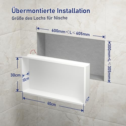 Bernkot Stainless Steel Shower Nische 600 mm x 300 mm White with LED Light Waterproof No Tile Needed for Bathroom Storage Over Installation Mounted