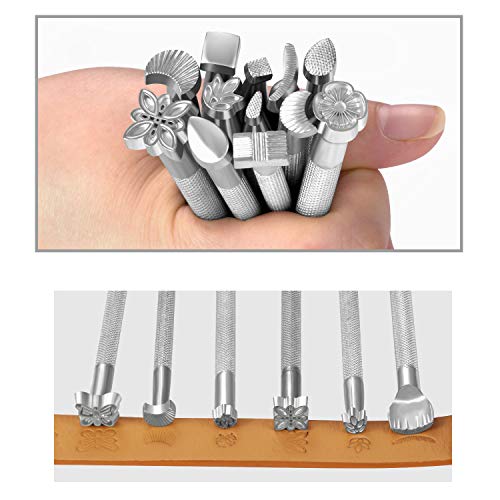 JOYPEA Leather Craft Hand Tools Kit 59 Pieces for DIY Hand Sewing Leather Artwork Stitching Stamping Set and Saddle Making