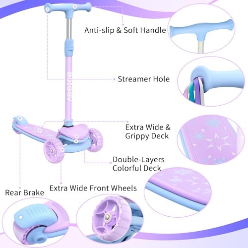 BELEEV A8 Children’s Scooter, 3 to 12 Years Old, Kids’ Folding Scooter with 3 Wheels and LED Lights, 4 Adjustable Heights, Non-Slip Bridge, Scooter for Children and Girls, Childhood Gift