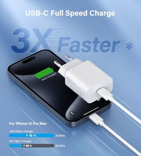 30W Chargeur i-Phone, Chargeur USB C, PD 3.0 Chargeur Rapide, Adaptateur USB-C Alimentation Compatible avec i-Phone 16/15/14/13/12 Plus Pro Max Mini, iPad, Samsung Galaxy S24/S23/22