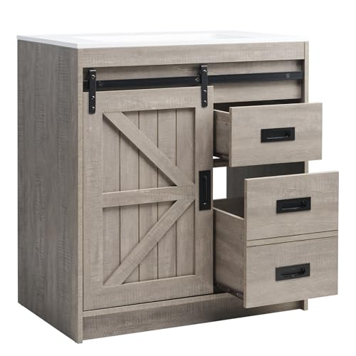 Jocisland Farmhouse Bathroom Vanity with Sink Combo, 31in Sliding Barn Door Bathroom Vanity Cabinet Set with Storage Drawers, Metal Handles, Small Single Bath Storage Vanity Sink, Light Grey