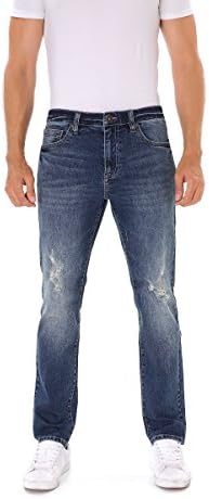 Indigo alpha Slim Fit Blue Ripped Distressed Destroyed Faded Stretchy Denim Jeans for Men （8017,W36/L32）