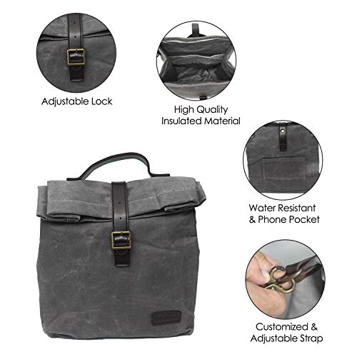 Insulated Waxed Canvas Lunch Bag, Adjustable Shoulder Strap and Handle, Water Resistant (Grey