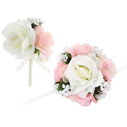 FAYBOX Wedding Prom Ivory Pink Silk Flower Wrist Corsage and Boutonniere Set Pin Ribbon Included