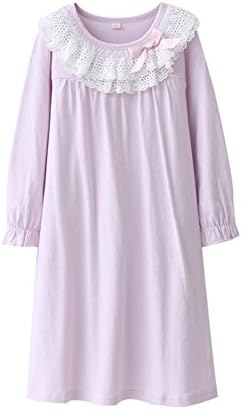 Cutebabywear Kids Girls Casual Retro Lace Bowknot Nightgown Long Sleeve Cotton Sleepwear Light Purple 6-7Y