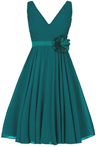 Beyonddress Women V-neck A-line Short Prom Bridesmaid Dress with Flower Sash Size 12 Teal