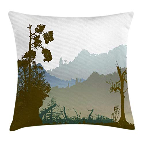 Ambesonne Mountain Throw Pillow Cushion Cover, Panoramic Landscape of Dark Green Mountains Trees and Plants, Decorative Square Accent Pillow Case, 16" X 16", Army Green